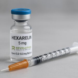 Hexarelin peptide vial by Real Peptide Shop on white background
