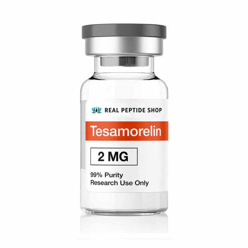 Tesamorelin 2mg peptide vial labeled Real Peptide Shop with 99% purity for research use